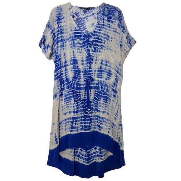 Gypsy 05 Tie Dye Silk Dress Small Boho Blue White Short Sleeves High Low Hem - Picture 9 of 9